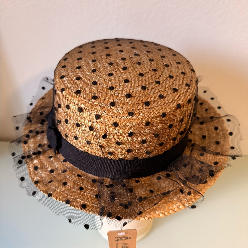 Straw Sun Hat with Black Polka Dot Veil and Band by A&O